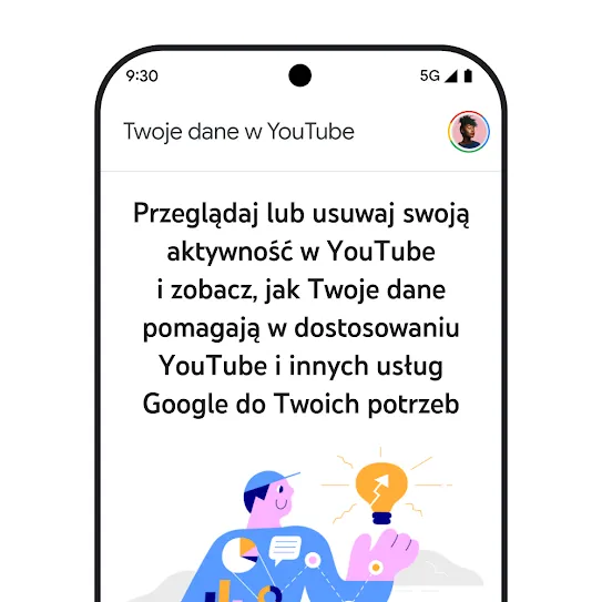 Ilustracja przedstawiająca ekran smartfona z otwartą aplikacją YouTube, w której widać komunikat Twoje dane na YouTube zawierający szczegółowe informacje na temat przeglądania i usuwania historii aktywności.