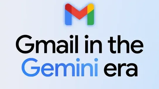 A clean, minimalist graphic on a light blue gradient background. It features the colorful Gmail "M" envelope icon at the top, followed by the text "Gmail in the Gemini era," with "Gemini" highlighted in a lighter blue. This represents the integration of generative AI features within the Gmail workspace.