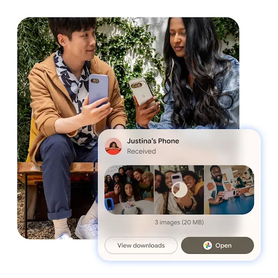 Two people are sitting together outdoors, each holding a smartphone. A pop-up notification layered above shows that 'Justina's Phone' has received three images, with thumbnails of the photos displayed and options to 'View downloads' or 'Open'.