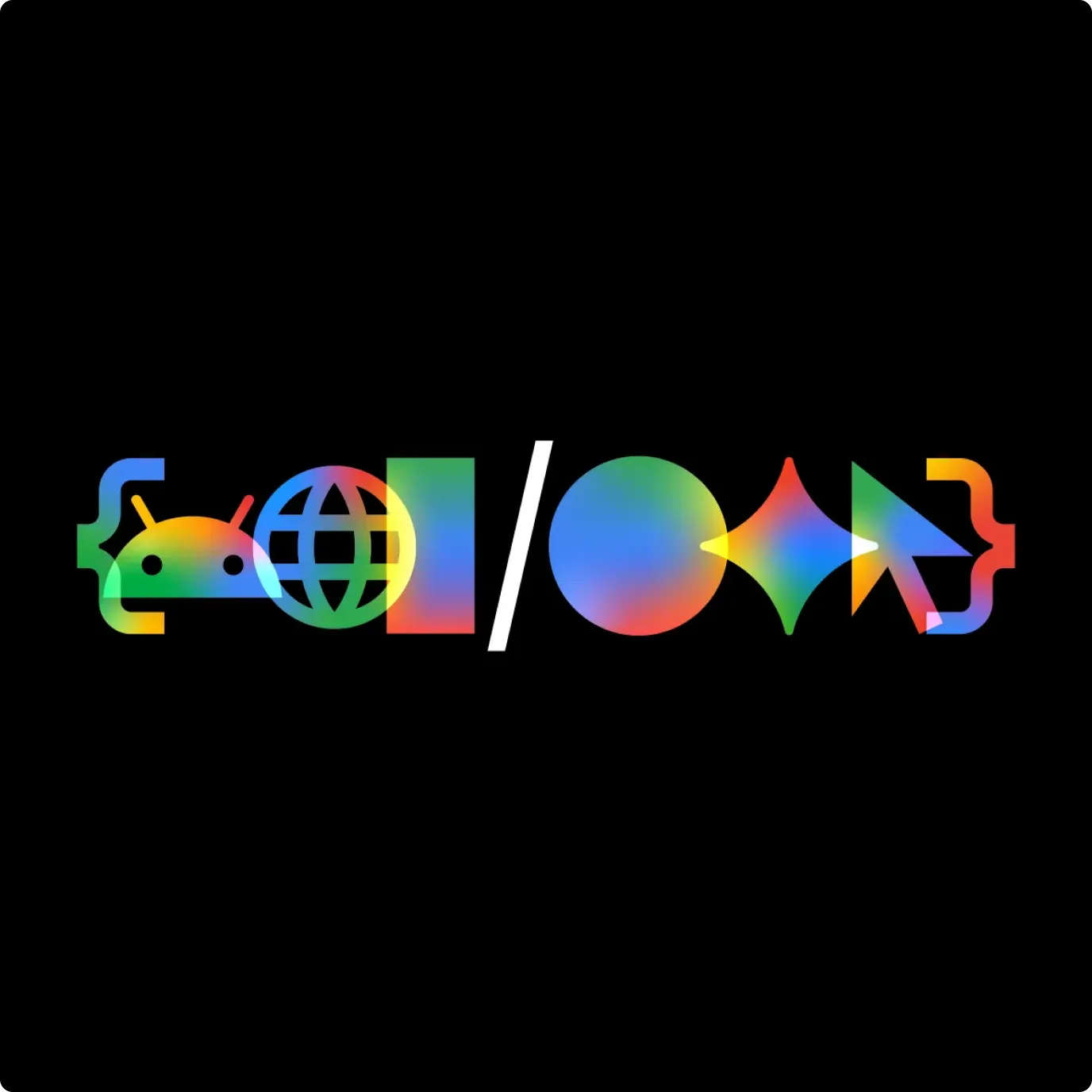 A stylized, vibrant banner logo against a solid black background. The logo reads like code, featuring various tech icons contained between curly brackets: { Android robot, web globe, vertical rectangle, a forward slash /, circle, four-pointed sparkle, and a cursor arrow }. The icons are layered with an overlapping, translucent color gradient transition across green, yellow, blue, and red.