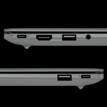 Close-up of Googlebook laptop ports on both sides.