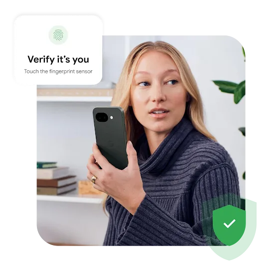 A woman holding a smartphone, accompanied by graphic overlays showing a fingerprint verification prompt and a green security shield.