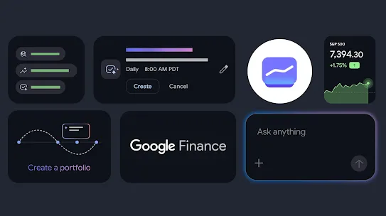 A dashboard of icons and graphics on a dark gray background; one of those graphics says "Google Finance." Another graphic shows a stock market graph; another shows an AI task; another shows an AI ask anything field.