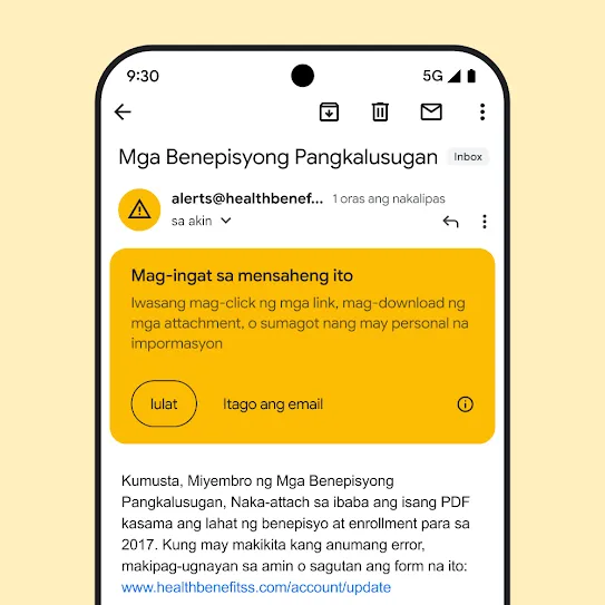Visual ng isang email sa Gmail sa screen ng smartphone, na nagpapakita ng alertong panseguridad para sa isang potensyal na pagtatangka sa phishing.