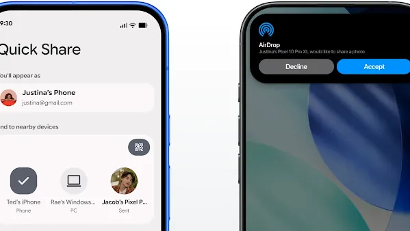 Một thiết bị Android dùng tính năng Chia sẻ nhanh để gửi ảnh đến iPhone thông qua AirDrop.