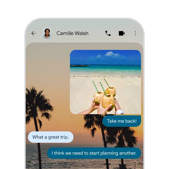 Customizing a chat in Google Messages by selecting a photo of palm trees for the background and changing the color of the text bubbles, on an Android phone.