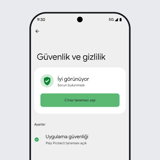 Güvenlik ve gizlilik ayarlarının açık olduğu, Android OS yüklü bir akıllı telefon ekranı görseli. Ekranda cihaz taraması sonuçları ve uygulama güvenliği ayarları gösteriliyor.