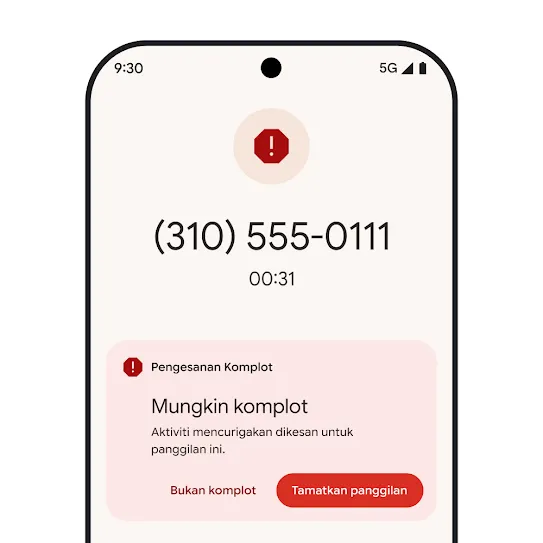Visual skrin utama telefon pintar Pixel yang memaparkan pemberitahuan panggilan spam yang ditolak secara automatik.
