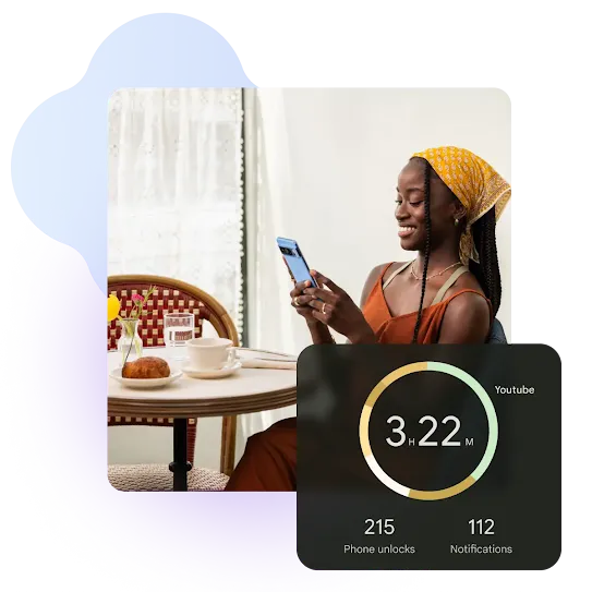 A woman sitting at a café table smiling at her phone, with a screen showing her YouTube usage time and phone activity stats.