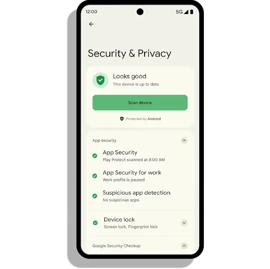 An Android smartphone displaying the "Security & Privacy" settings menu, showing a "Looks good" status with options for app security and device lock.