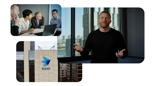 A collage of people collaborating around a laptop, the BIDMC logo on a building, and a man gesturing in a black sweater.