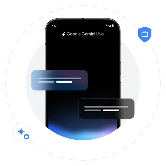 An Android homescreen shows an example of the Google Gemini Live interface. Behind the phone is a grey solid circle and a dashed circle right outside it. Two blue icons are scattered around the dashed circle.