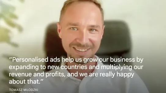 A portrait of Tomasz Młodzki, CEO of PhotoAiD, smiling. Overlaid on the image is a white text quote: “Personalised ads help us grow our business by expanding to new countries and multiplying our revenue and profits, and we are really happy about that.” His name and title are listed in the bottom-left corner.