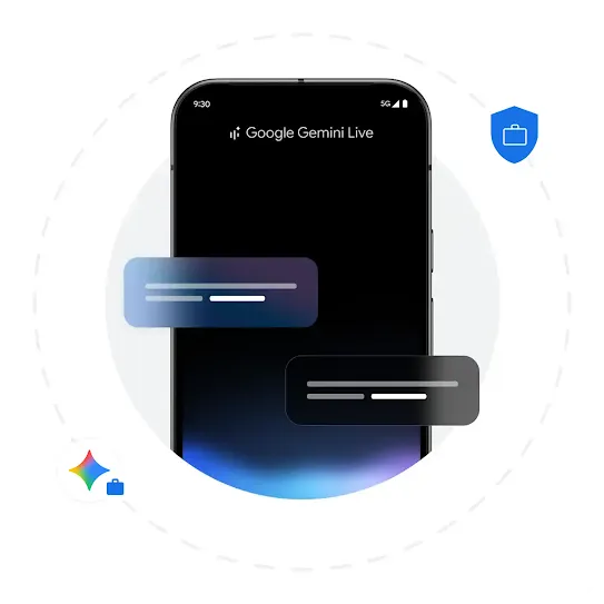 An Android homescreen shows an example of the Google Gemini Live interface. Behind the phone is a grey solid circle and a dashed circle right outside it. Two blue icons are scattered around the dashed circle.