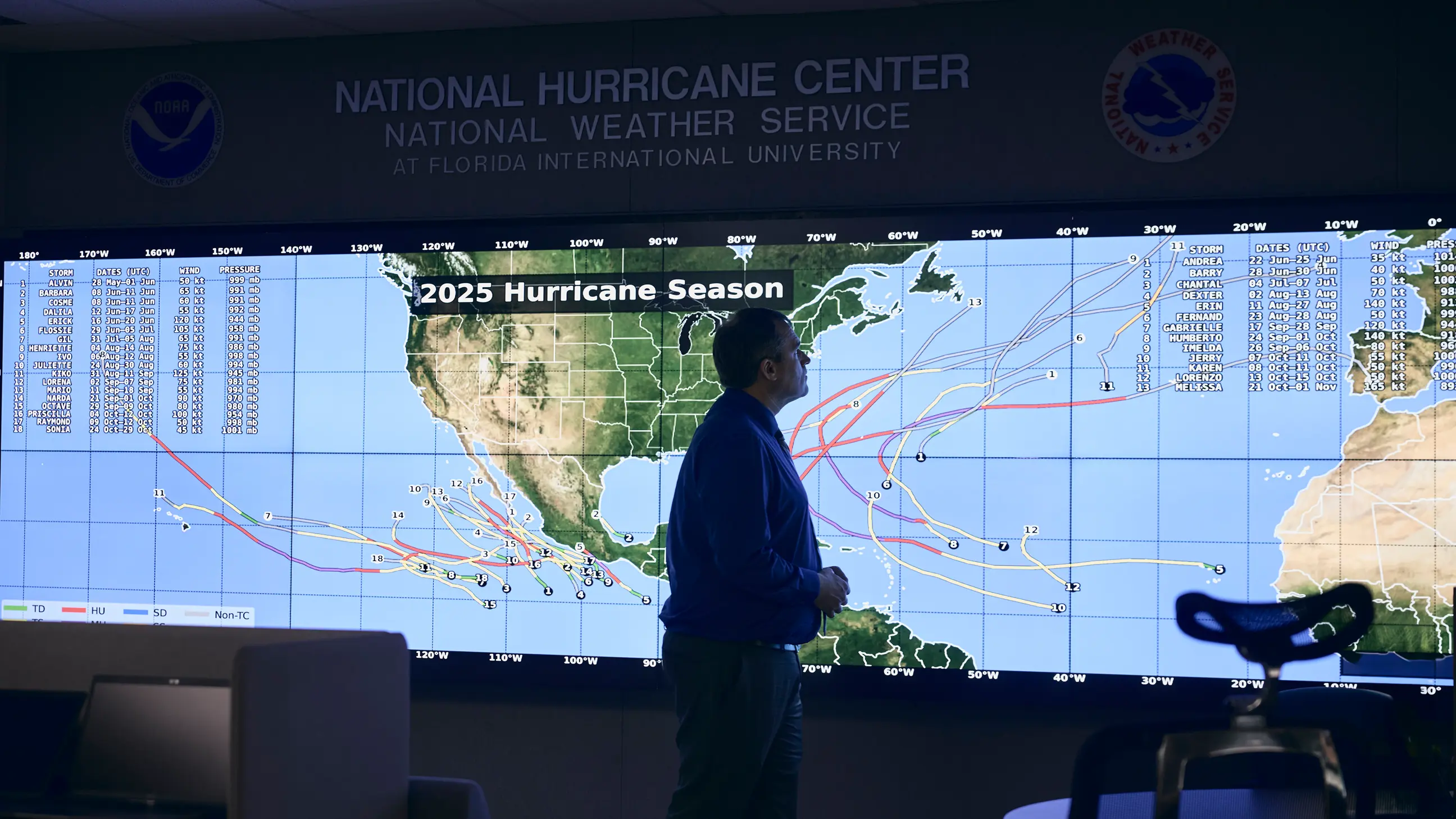Meteorologist reviewing patterns on map labeled 2025 hurricane season at the National Hurricane Center