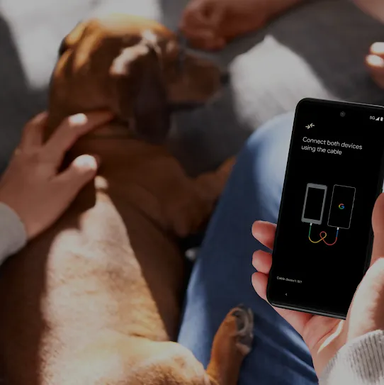 A person is holding an Android phone while petting a brown dog. The phone screen has a picture of two devices connected by a cord. Another person’s hands close to the dog’s face is in the background.
