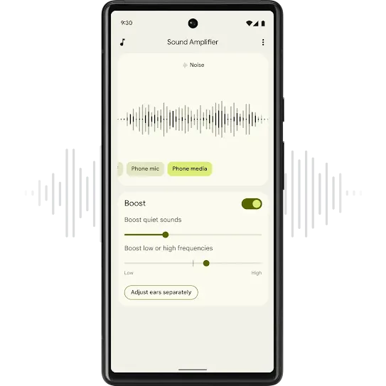 Android phone with the Sound Amplifier page open. At the top of the screen shows the sound amplification waves with short and long lines. Below shows 'phone media' highlighted. Setting options below read: 'Boost quiet sounds. Boost low or high frequencies'. Second option button below reads 'Adjust ears separately'.