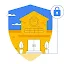 A flat vector illustration of a yellow school building inside a blue shield, with a blue padlock icon representing digital safety and security.