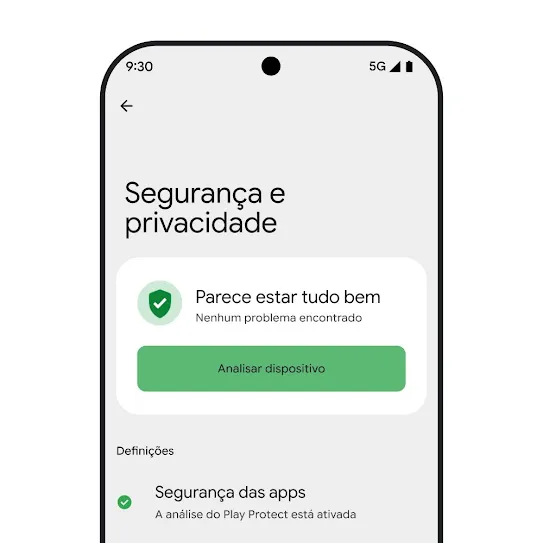 Imagem do ecrã de um smartphone com o SO Android com as Definições de privacidade e segurança abertas, a apresentar os resultados de uma análise ao dispositivo e as definições de segurança da app.