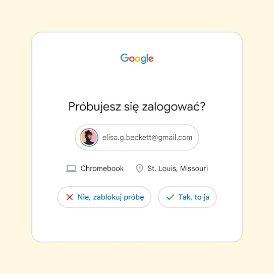 Interfejs weryfikacji dwuetapowej z pytaniem „Próbujesz się zalogować?” oraz przyciskami „Nie, zablokuj próbę” i „Tak, to ja”.