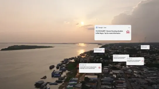 coastal community dealing with flooding overlaid with disaster recovery alerts