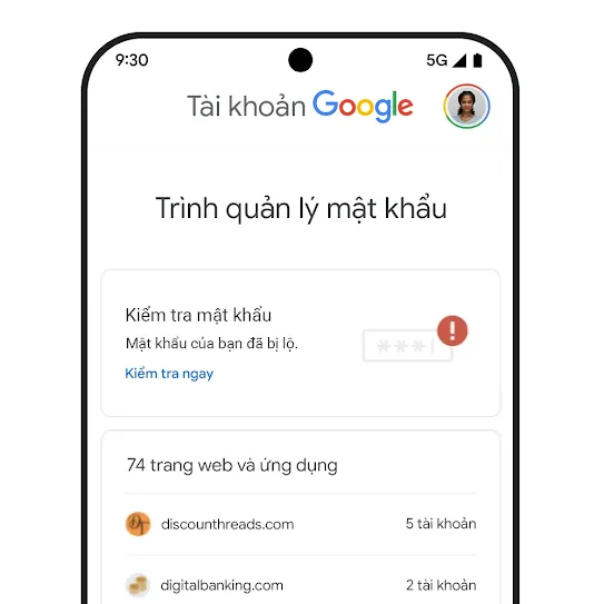 Hình minh hoạ một chiếc điện thoại cho thấy giao diện người dùng của tính năng kiểm tra mật khẩu.