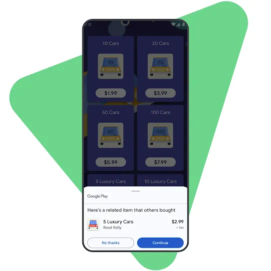 Device screenshot shows a relevant recommendation presented when purchasing in the Play store
