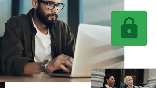A composite image featuring a man with glasses focused on a laptop in the upper left, and two professional women discussing a folder in front of a classical building in the lower right. A bright green icon with a dark green padlock is positioned between them, representing digital security and AI-powered protection.