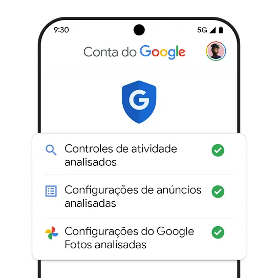 Menu da Conta do Google mostrando todas as configurações revisadas no celular.