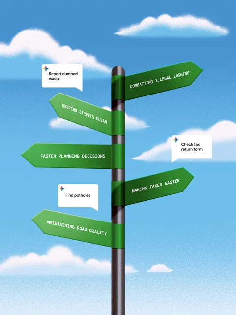 A conceptual illustration of a green signpost against a blue sky with soft clouds. The signs point toward various public sector benefits of AI, such as "Combatting illegal logging," "Faster planning decisions," and "Making taxes easier." Small speech bubbles feature specific tasks like "Find potholes" and "Report dumped waste," symbolizing AI's role in driving public good.