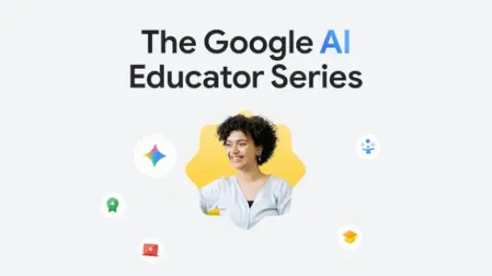 A promotional graphic on a white background with bold black text reading "The Google AI Educator Series," where the word "AI" is highlighted in blue. Below the title, a smiling woman with curly hair is framed inside a yellow, rounded star-like shape. Floating around her are several small circular icons, including the Google Gemini star logo, a green badge, a laptop icon, a graduation cap, and a stick figure icon.