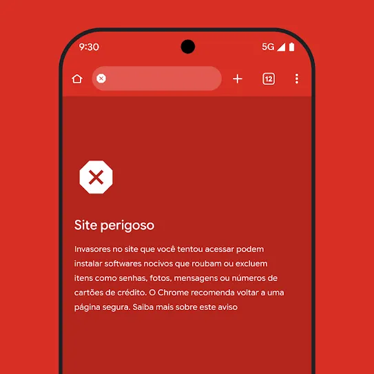 Imagem da tela de um smartphone usando o navegador Chrome. Ela mostra um alerta sobre um site perigoso, com as próximas etapas recomendadas e um link para saber mais sobre esse aviso. 