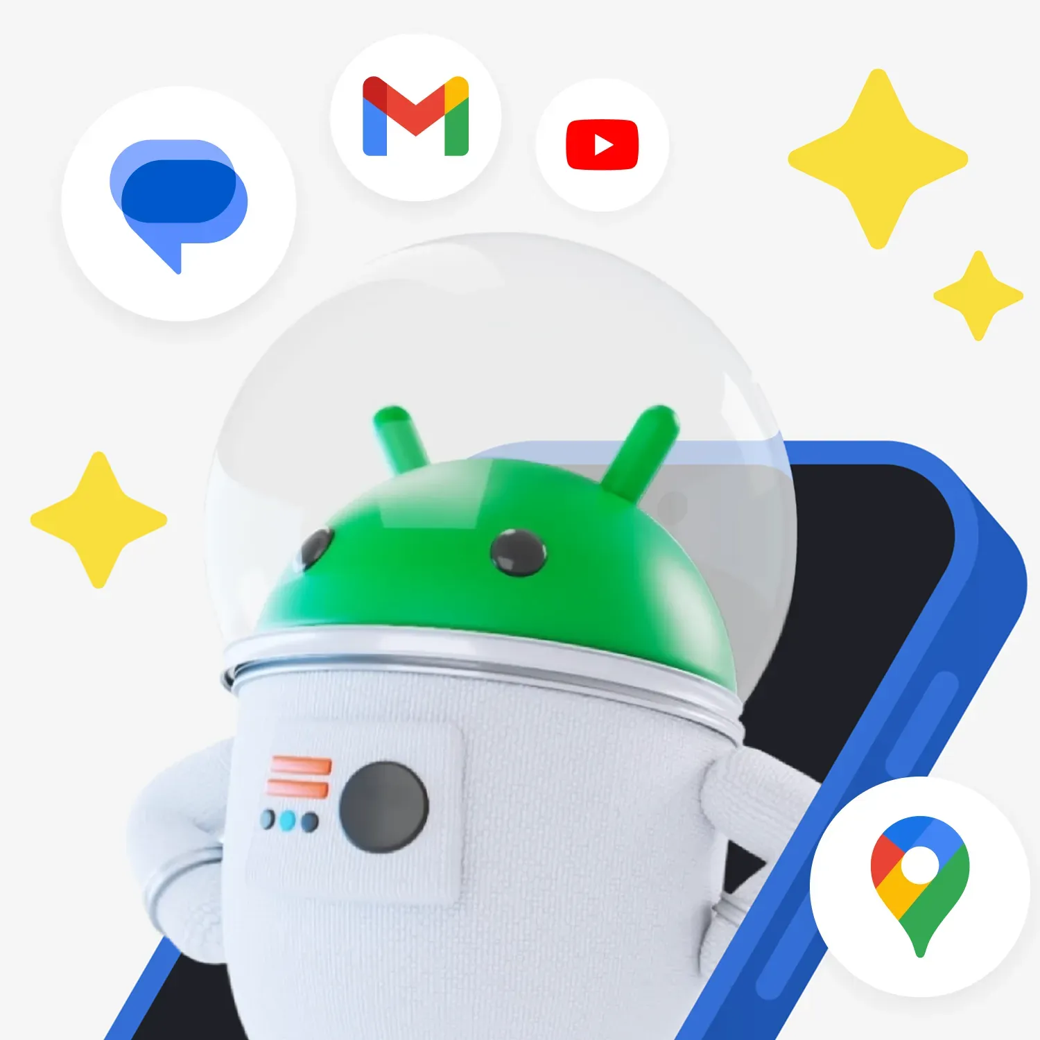 A green Android bot is dressed as an astronaut coming out of a phone screen. Emoji stars and Google icons float around it. 