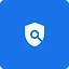 A white minimalist icon featuring a security shield with a magnifying glass in the center, set against a solid vibrant blue square background with rounded corners.