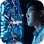 A profile view of a man with glasses looking at a glowing, complex blue digital interface filled with data charts.