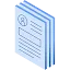 Blue graphic of a stack of papers with an illustration of a headshot in the top left corner of the first paper