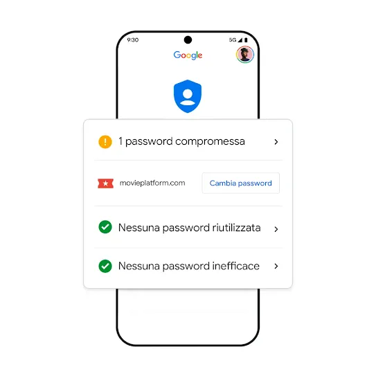 Immagine di uno smartphone Google con risultati relativi a una password compromessa.