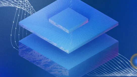 An abstract digital illustration representing security in the quantum era. Two large, blue isometric slabs are stacked on top of each other, with a smaller square on the very top. Glowing, wave-like data patterns and light particles float in the deep blue background, symbolizing the complex layers of protection required for quantum-resistant cryptography.
