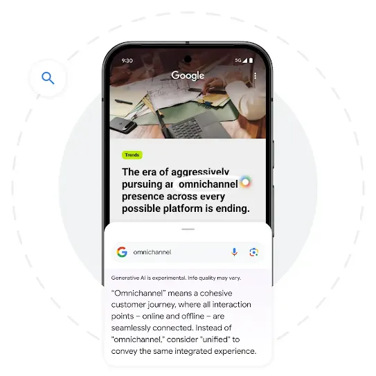 A phone screen shows a lifestyle image and an abstract example of how Circle to Search can find the definition of a word on the screen.