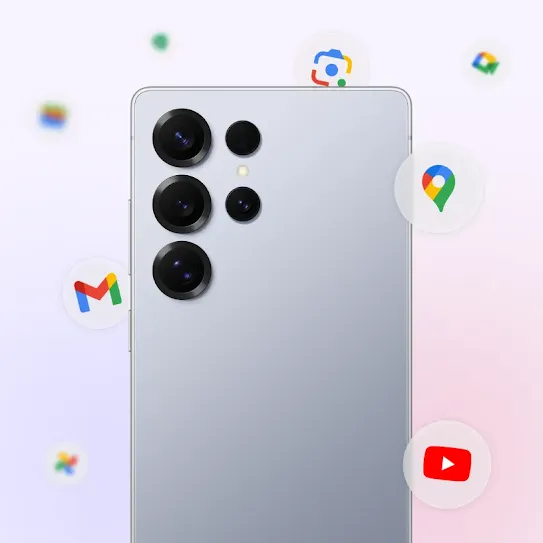 The back of a mobile phone with Google app icons placed around it.