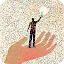 A surreal illustration of a large hand holding a human silhouette, who in turn reaches up toward a smaller glowing figure, all set against a textured, multicolored stippled background.