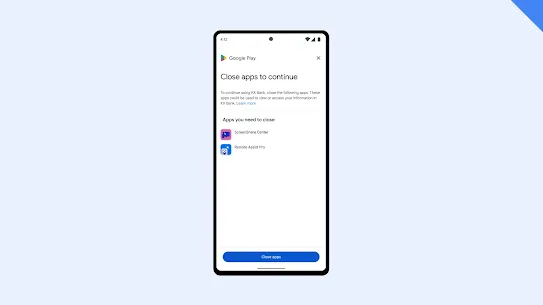 Device screenshot shows a user message to close other apps that may present access risk