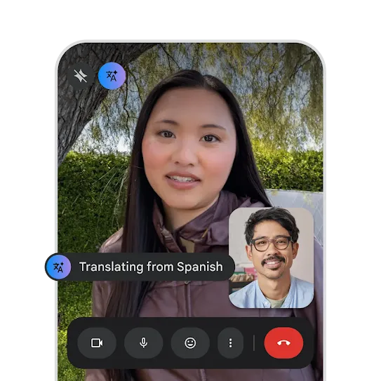 Turning on Google Meet speech translation on an Android phone to translate the language heard from Spanish to English.