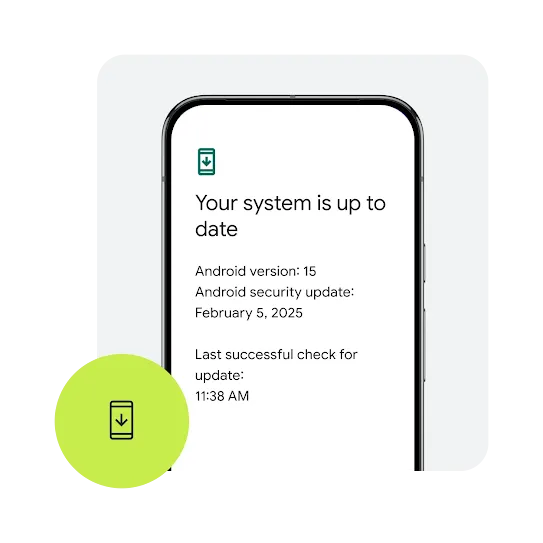 An outline of an Android phone with a notification that the system is up-to-date. Along with other details including current Android version and date and time of the last update.