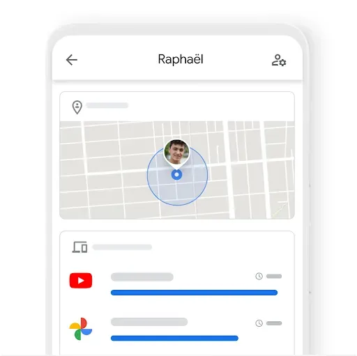 Vue parentale de la position d'un enfant et de son temps d'utilisation pour la journée