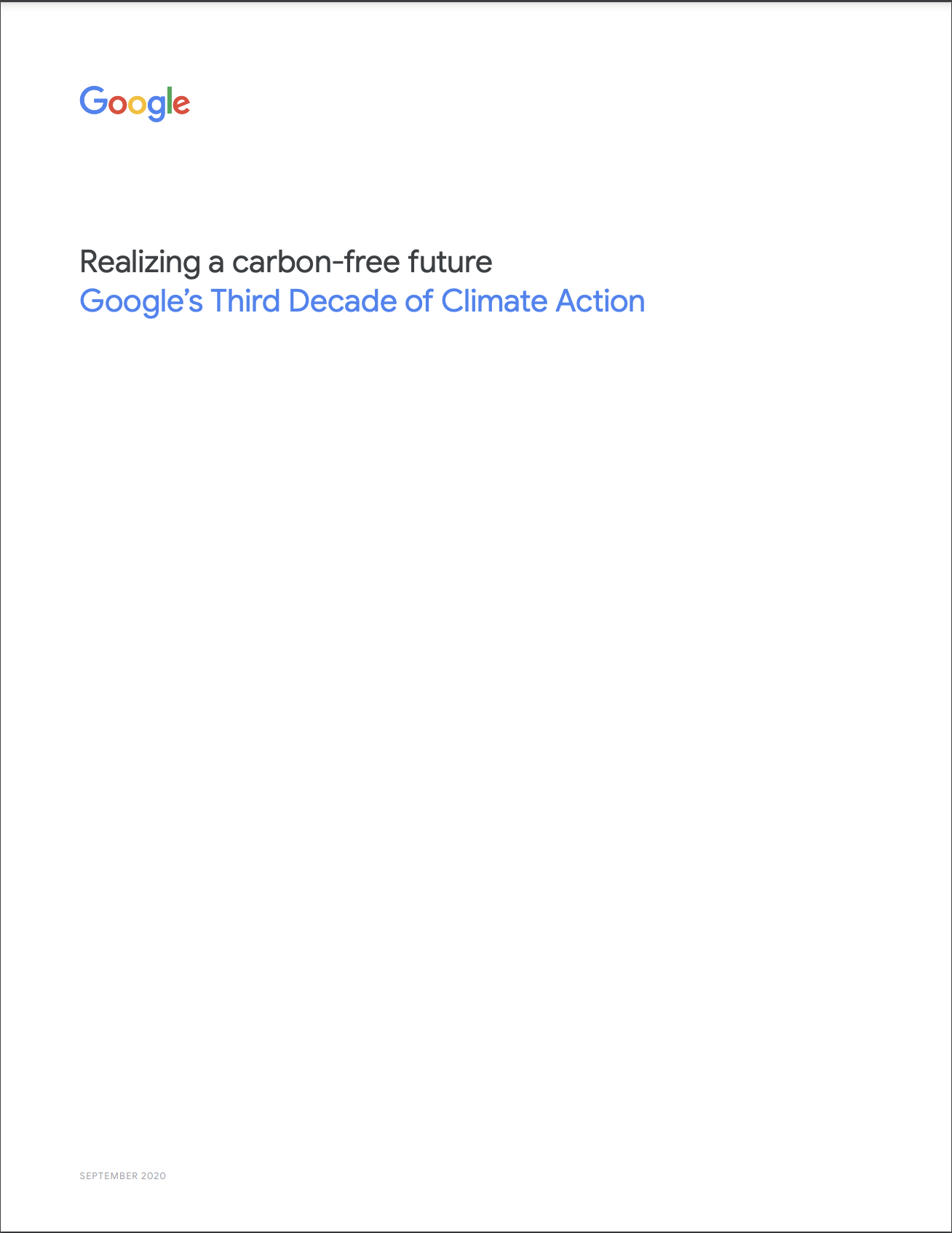 Cover image of a white paper titled: Google’s Third Decade of Climate Action