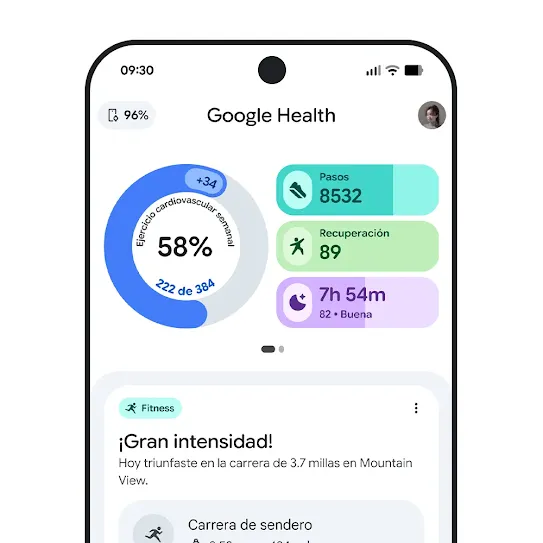 Imagen de la pantalla de un smartphone con la app de Google Health abierta. Se muestra el resumen de un entrenamiento.