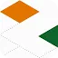 An abstract design featuring an orange diamond, a green triangle, and grey dotted paths on a white background.