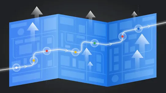 Illustration of a blue map with a white path and colored waypoints, overlaid with arrows indicating progress.