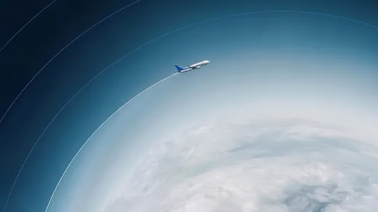 A high-altitude view of a commercial airplane flying above a layer of clouds, with a distinct white contrail trailing behind it.
